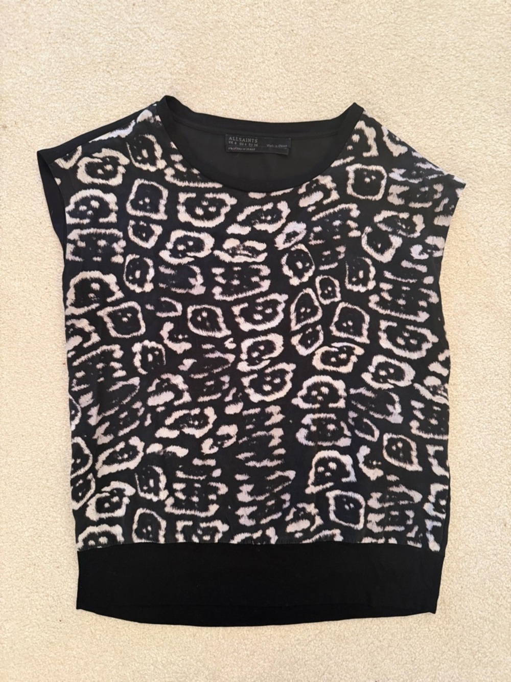 All Saints Black & Cream Leopard-Print Sleeveless Top